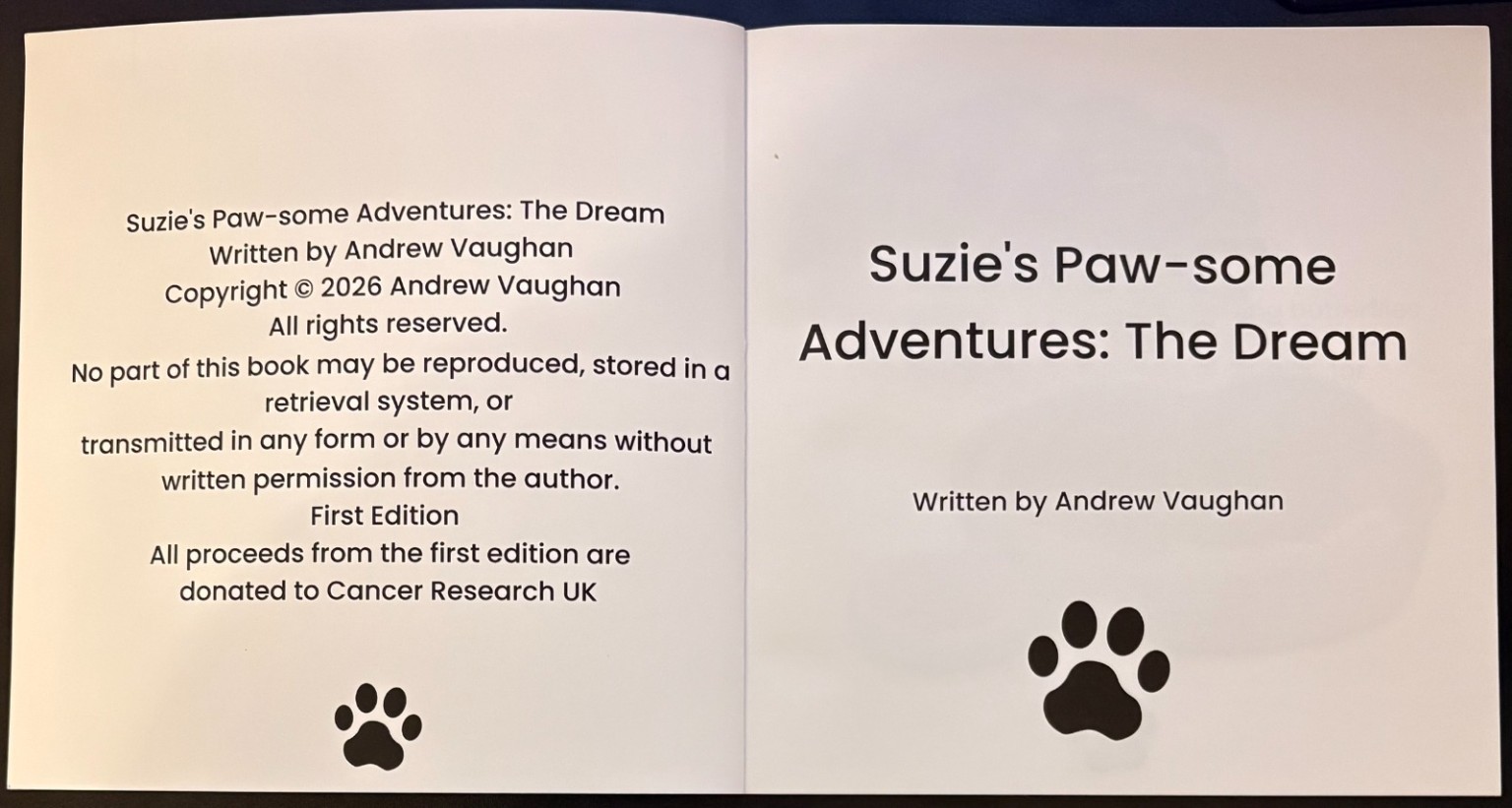 The title and copyright pages from Suzie’s Paw-some Adventures: The Dream