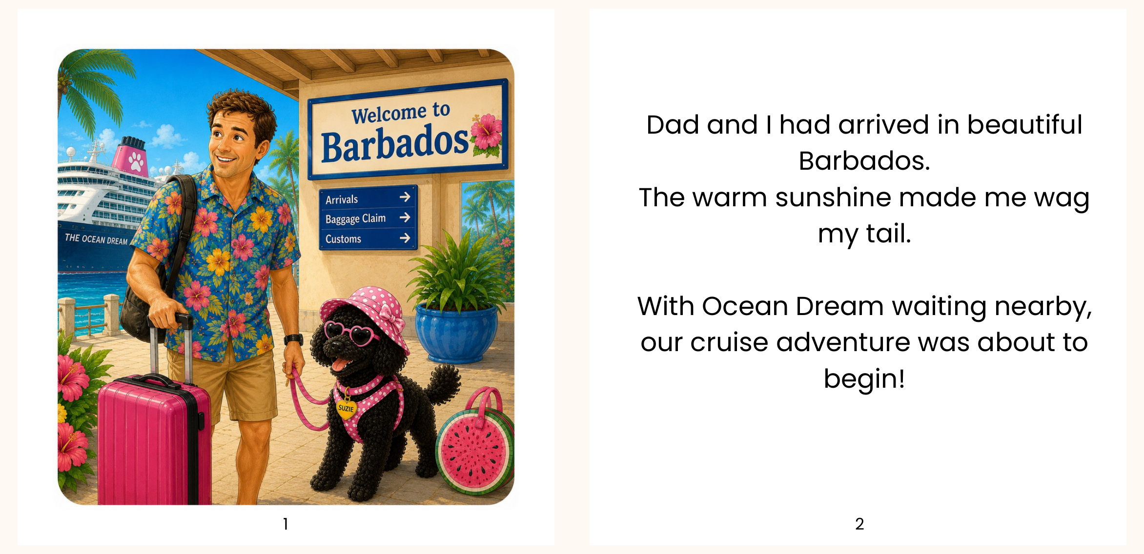 Opening illustrated pages from The Cruise ebook showing Suzie arriving in Barbados